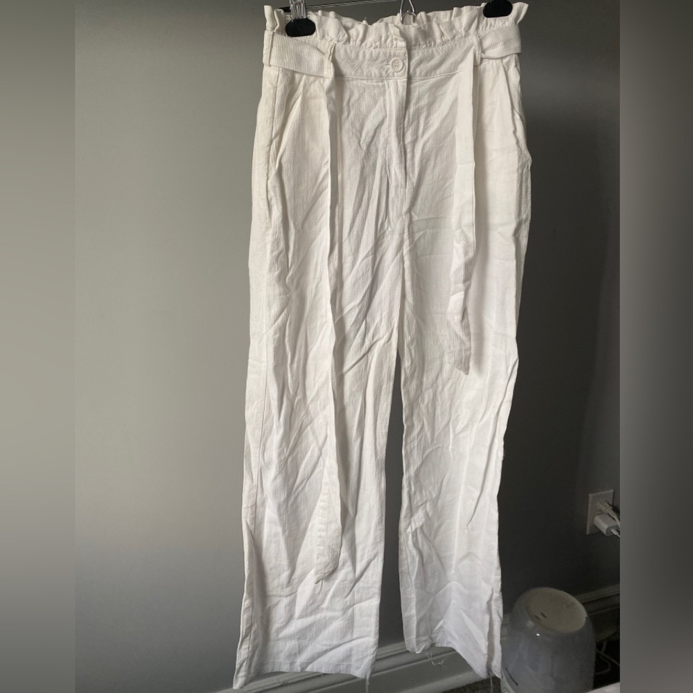 Mendocino White Linen Textured Wide Leg Belted Pants
